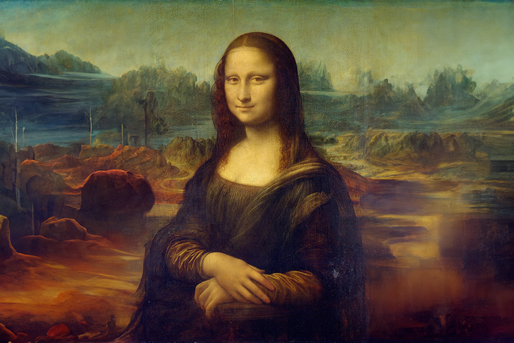 An image of the painting the Mona Lisa, by DaVinci. The left and right side of the canvas have been expanded and filled with terrain by AI