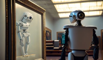 An ai generated image of a robot looking at art in a museum