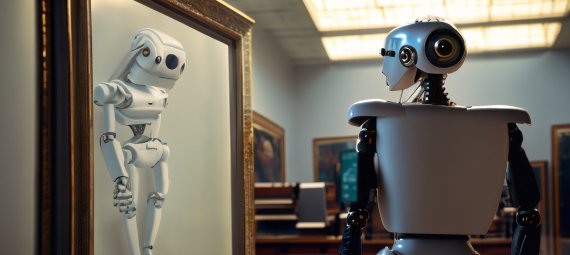 An ai generated image of a robot looking at art in a museum