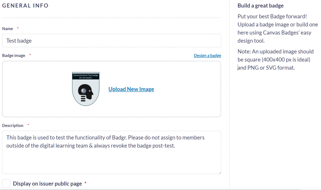 Canvas Badges user interface showing badge metadata
