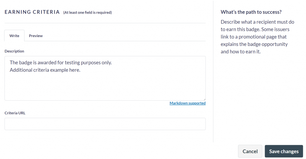Canvas Badges user interface showing awarding criteria for the badges.