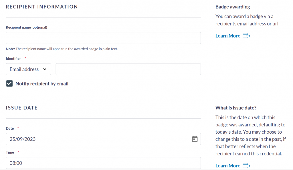 Canvas Badges user interface showing badge recipient metadata.
