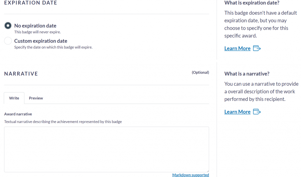 Canvas Badges user interface showing awarding conditions for badges.