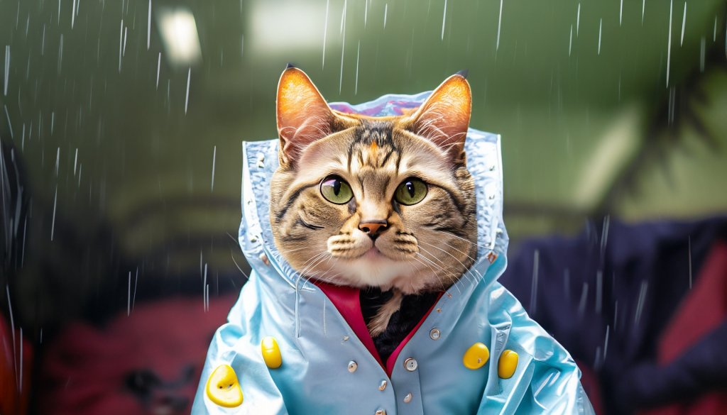 An ai generated image of a tabby cat wearing a blue raincoat and looking at the camera.