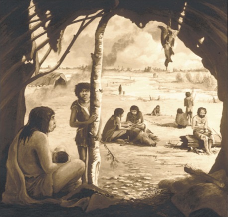 A prehistoric scene with early humans seen to be doing various survival activities