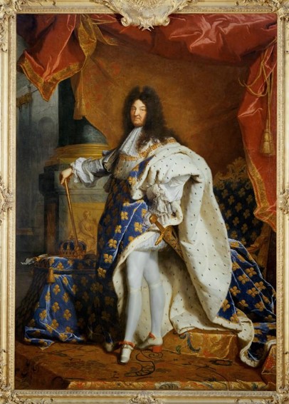 A painting of Louis XIV, King of France, in elaborate royal costume. He stands confidently with one hand on his hip and other holding a sceptre.