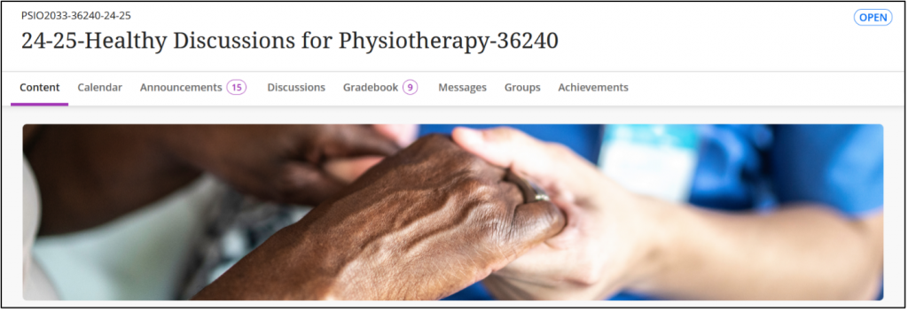 A screenshot from a Blackboard course showing the course name and an banner image of some clasped hands.
