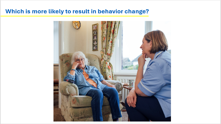 A PowerPoint slide showing a person sitting in a chair speaking to a physiotherapist.