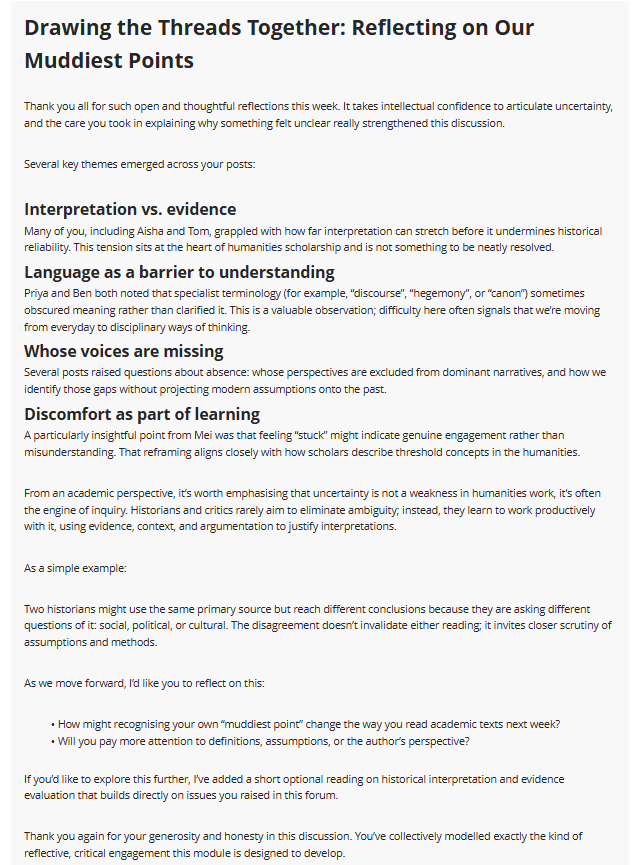 A screenshot of a discussion forum where the module lead is weaving together posts from a 'Muddiest Points' task.  It summarises key themes, thanks students and reflects on the activity.
