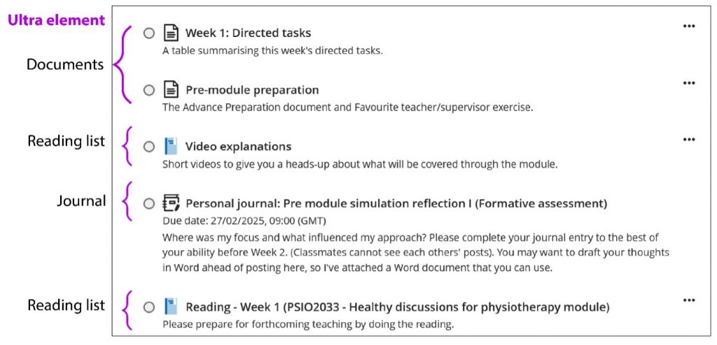 A screenshot of some activities in Blackboard with some annotations showing that there is a combination of documents, reading list items, and journal activities.