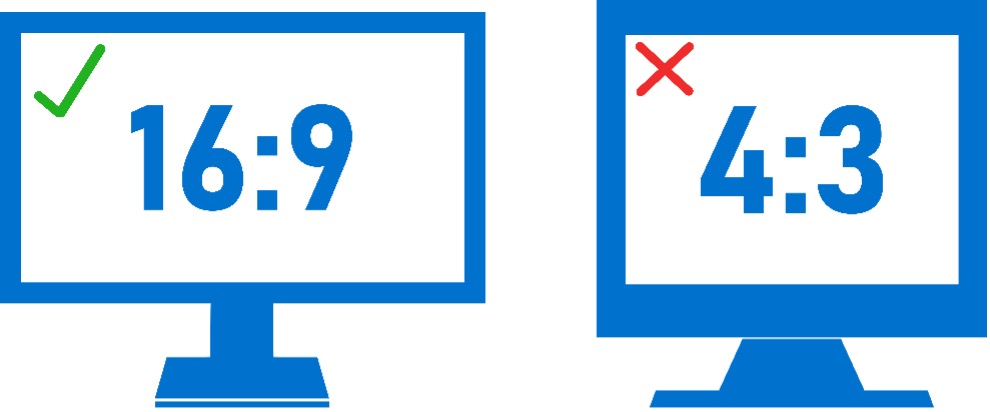 Two computer monitors showing the difference between screen ratios: 16:9 is rectangular. 4:3 is more square shaped.