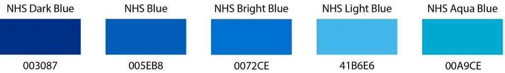 Five rectangles all different shades of blue. Each shade has a different HEX code and name (NHS dark blue, NHS blue, NHS bright blue, NHS light blue, NHS aqua blue). 