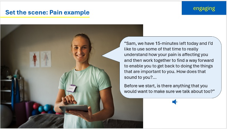 The second of two PowerPoint slides. One is 4:3 and full of text. The other is 16:9 and consists of an image and speech bubble with text coming from the woman in the image. There is also a speaker button on the slide where the user can select to listen to the text.