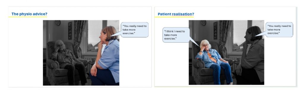 The same picture as before but the physiotherapist is in colour and the rest is black and white. This highlights her speech bubble.