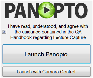 An application with panopto logo with an accept terms tick box ticked and launch panopto shown in a large button