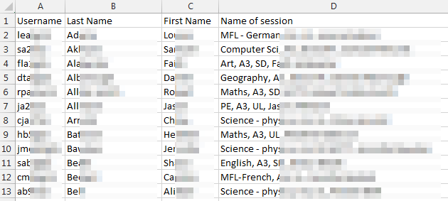 Excel file with username, last name, first name and name of session. Most of the data in the table is blurred out