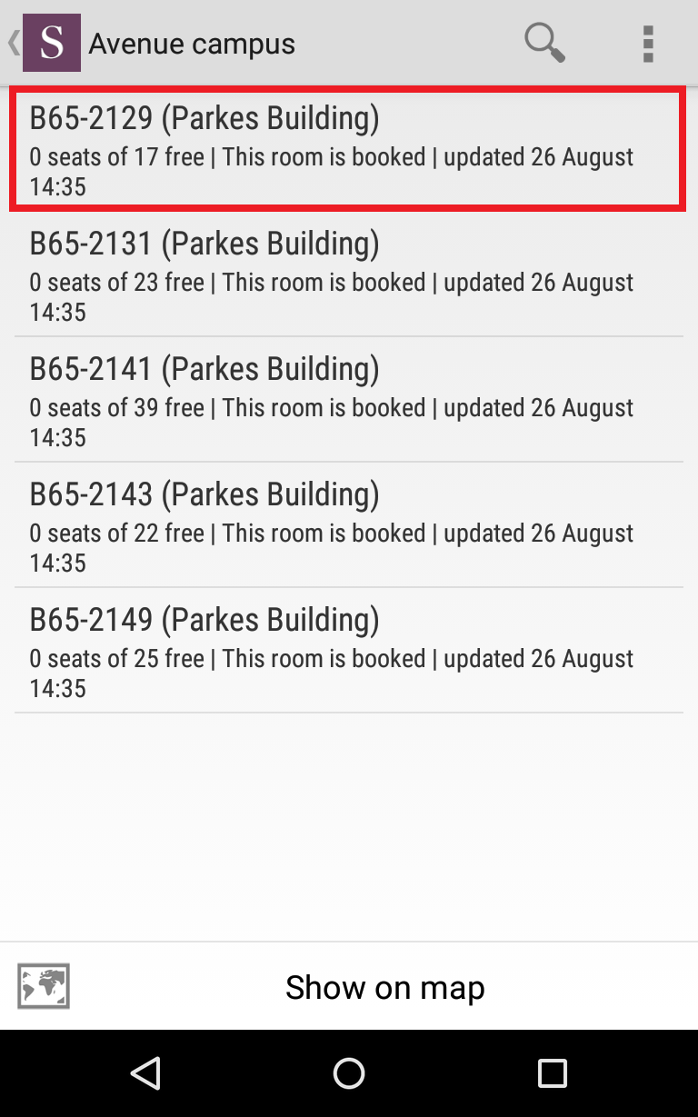 The app showing a list of locations of computer rooms on a campus, along with how many are free.