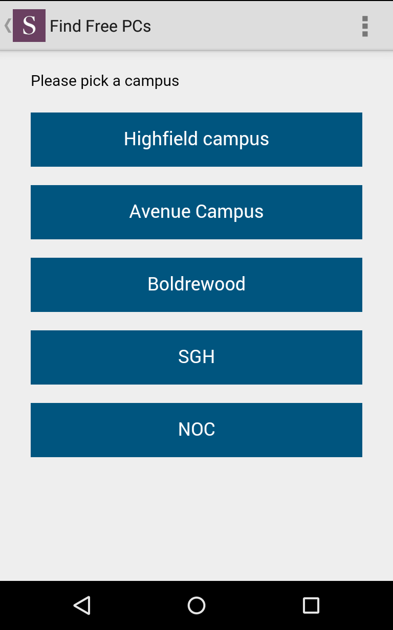 The MySouthampton app showing a selection of campuses that have maps.