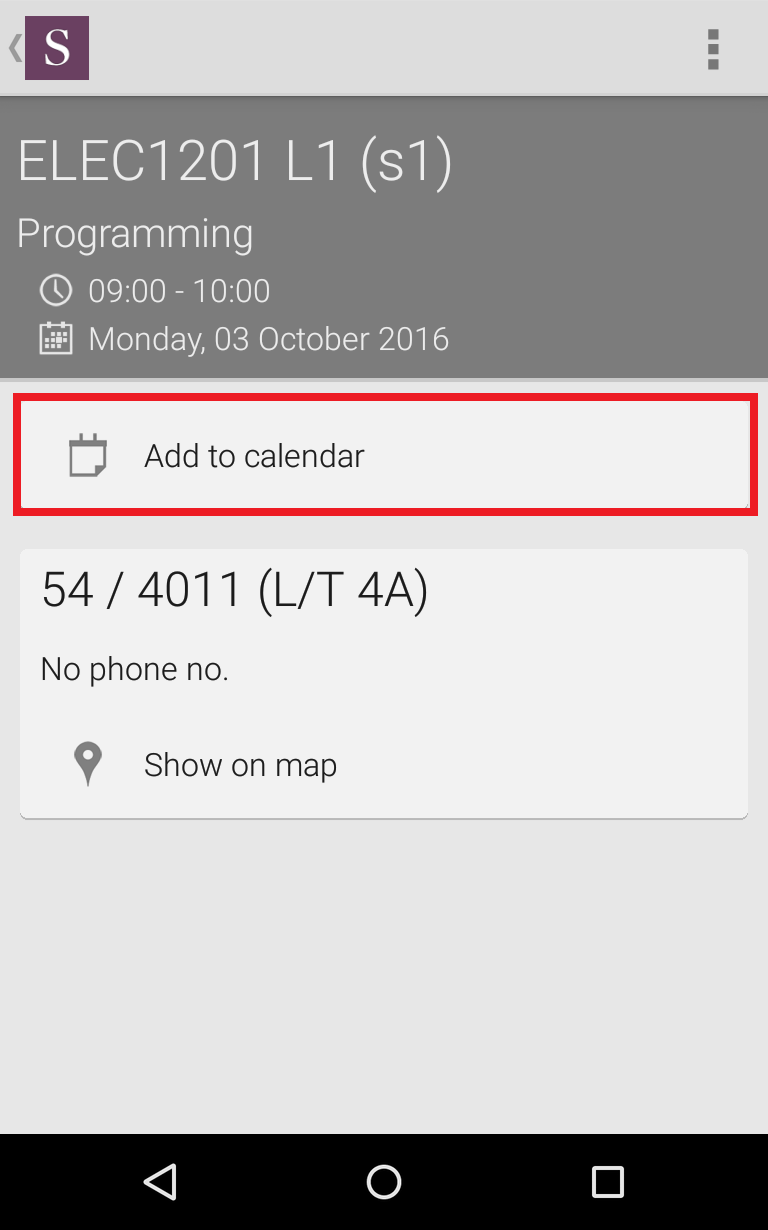 The app showing a single timetable event and its option to add to calendar.