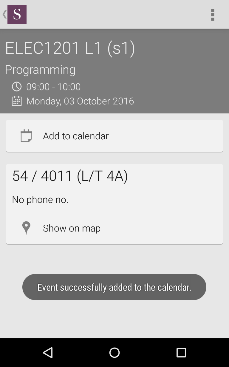 The app showing a single timetable event and its option to add to calendar successfully added.