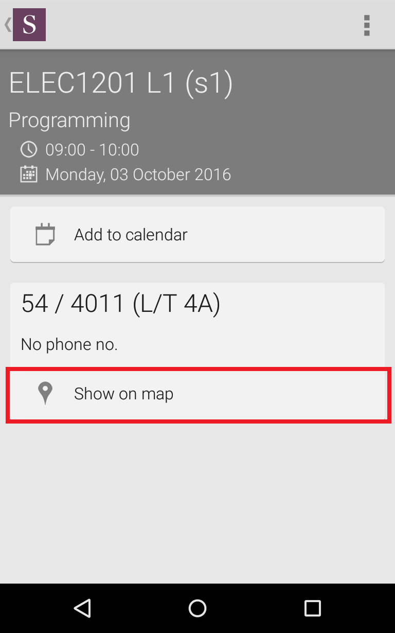 The app showing a single timetable event and its option to show on the map.