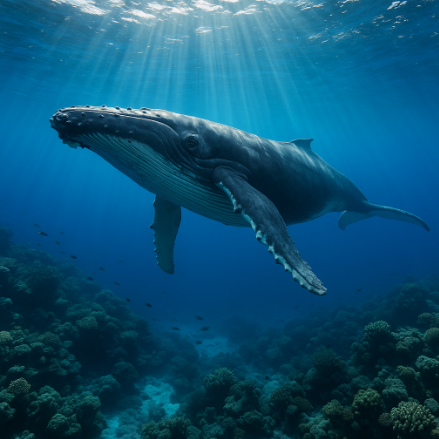 A humpback whale swimming underwater, surrounded by underwater plants. 