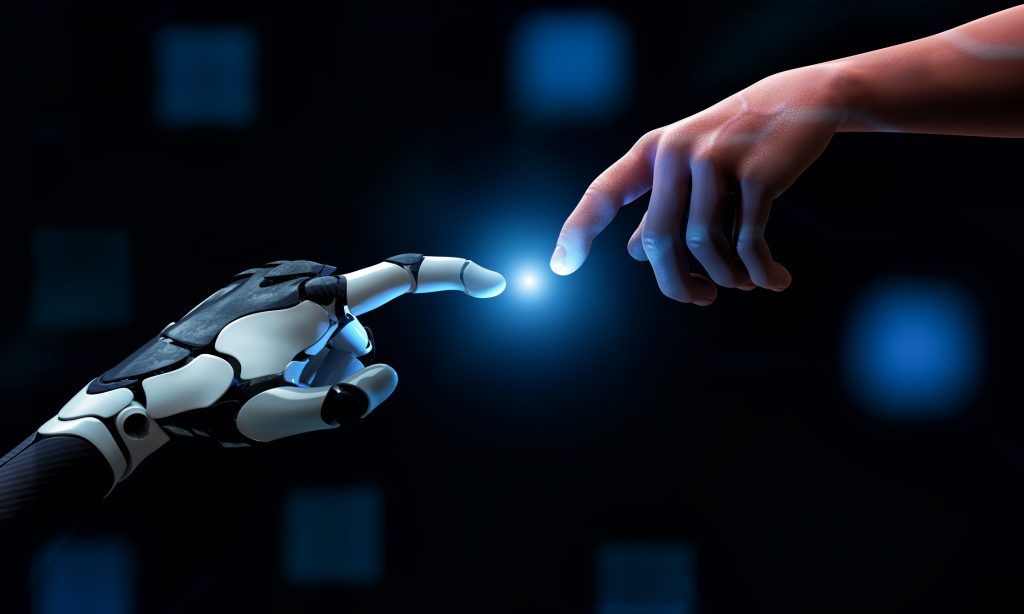 Robot hand making contact with human finger on dark blue background. 