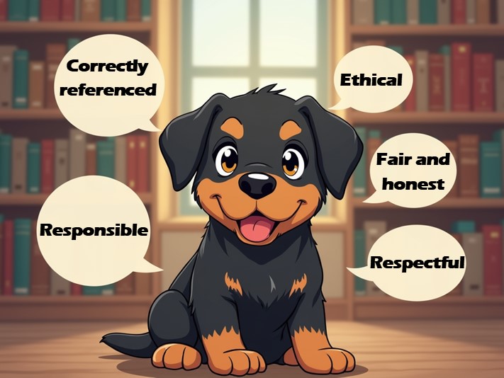 Graphic showing the six areas of academic responsability and conduct; respectful, responsible, ethical, fair, honest, correctly reference.