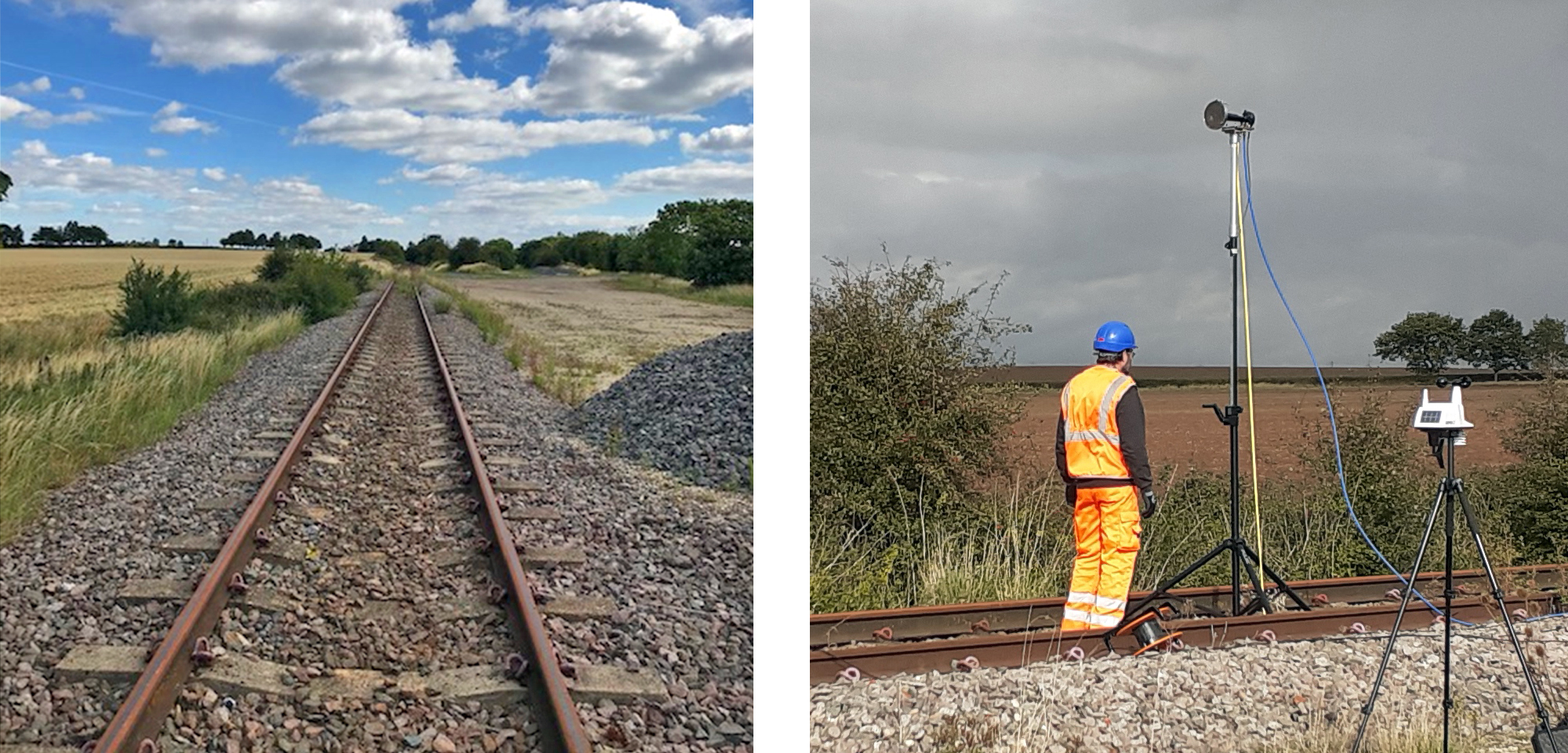 Photographs of the test set up with a stationary horn above the tests track at Tuxford