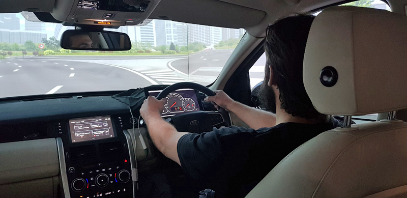 Photo from inside a vehicle in the Southampton University Driving Simulator. Photo courtesy of the Transportation Research Group.