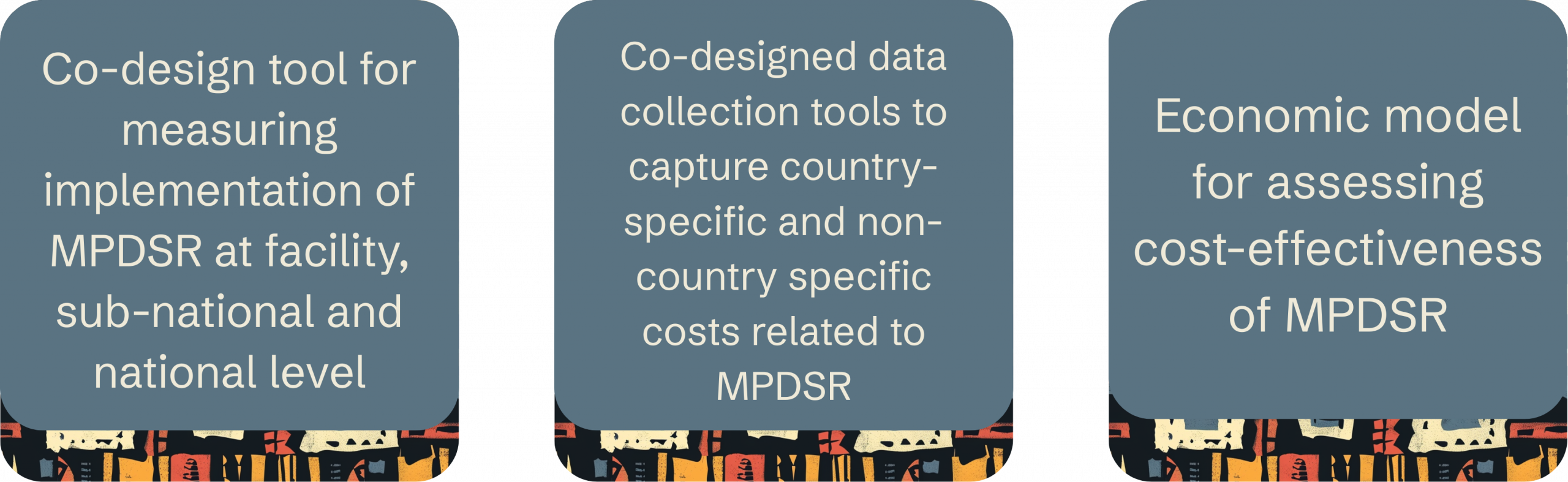 Co-design tool for measuring implementation of MPDSR at facility subnational and national level. 
Co-designed data collection tools to capture country specific nad non-country specific costs related to MPDSR.
Economic model for assessing cost effectiveness of MPDSR.