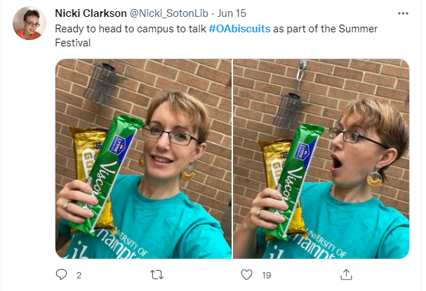 A tweet I sent of me posing with packets of biscuits, ready to deliver an open access training session: https://twitter.com/Nicki_SotonLib/status/1404706325964234752?s=20