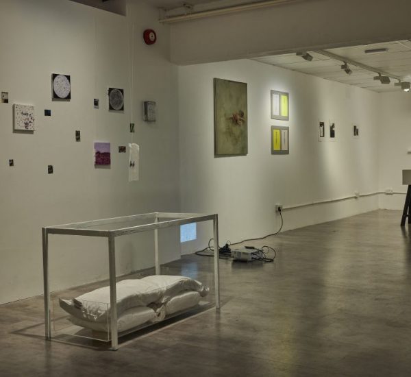 A contemporary gallery space with white walls displays small artworks arranged in a grid, along with larger framed pieces and a glass case containing two pillows. In the background, a white pedestal with a dark object on top stands near the far wall.