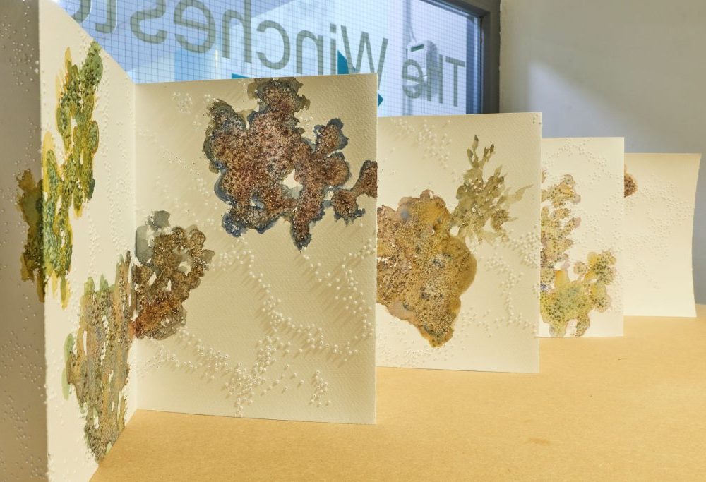 A folded paper artwork with textured surfaces and organic patterns in earthy tones is displayed on a wooden table. The background shows a glass door with partial text reading “The Winchester.”