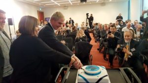 Professor Dame Wendy Hall and Professor Sir Nigel Shadbolt cut the WebScience@10 cake in front of an audience celebrating 10 years of Web Science.