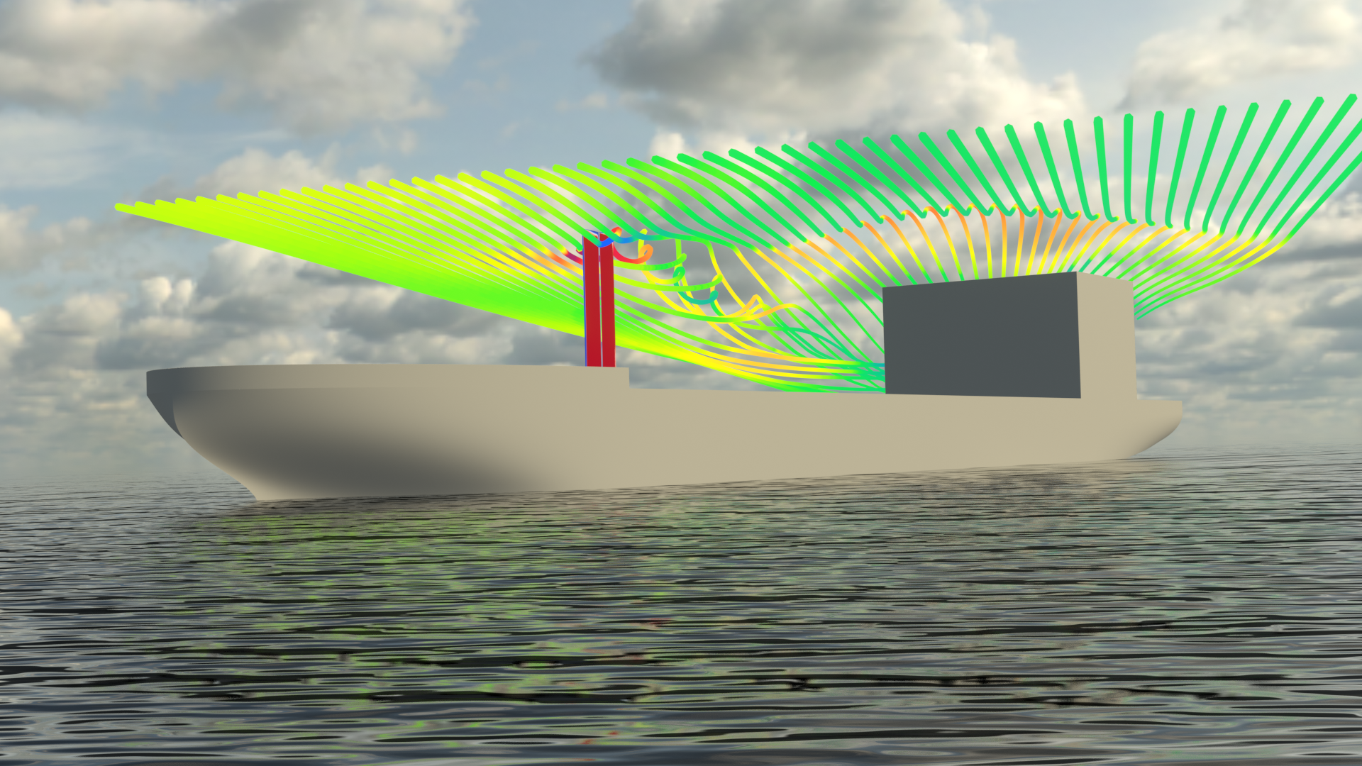 Computational Fluid dynamics render of wind flow over a wind assisted ship.