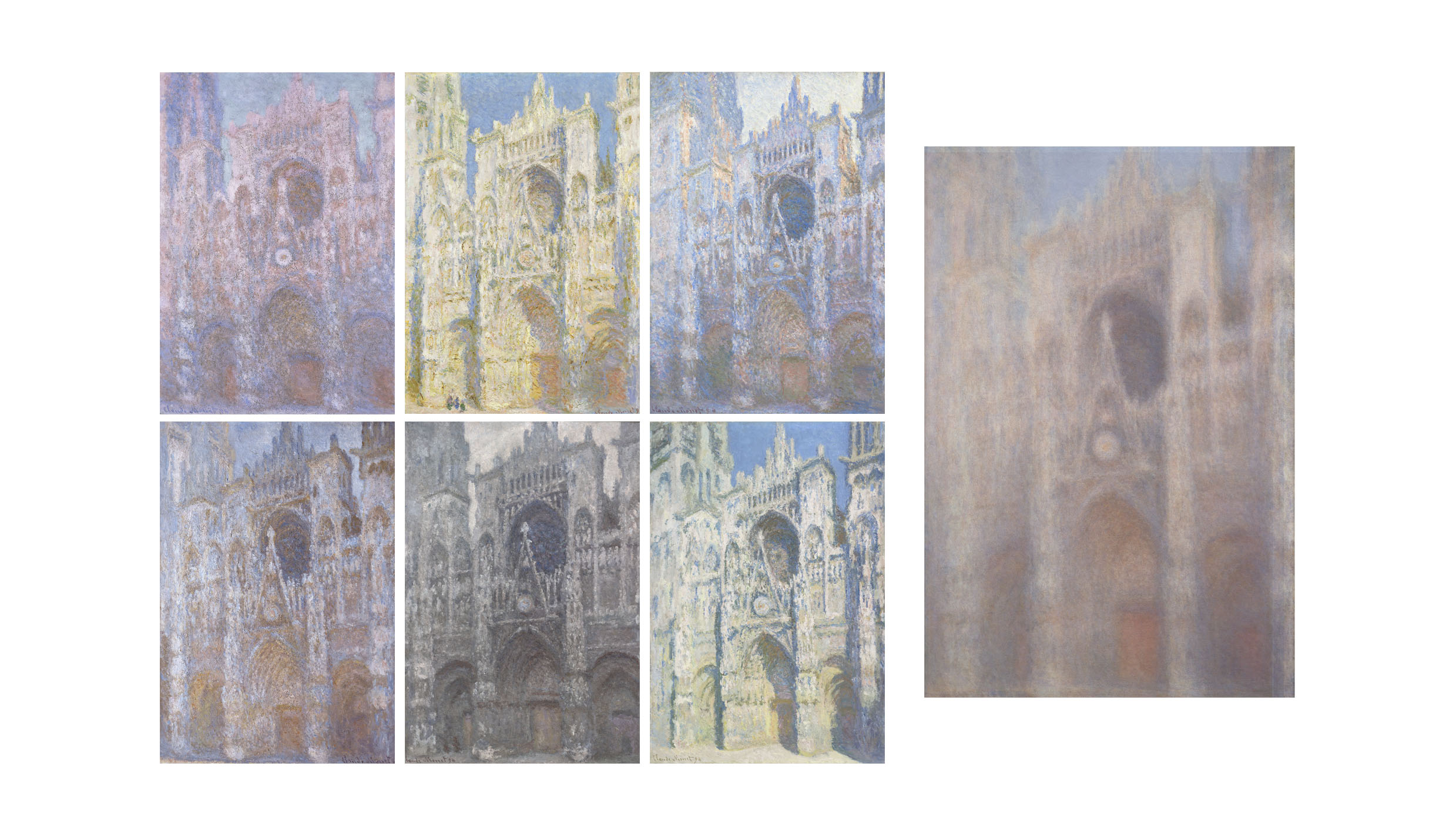 Figure 2. A subset of nearly thirty paintings by Monet of the façade of the Rouen Cathedral (left) and an averaged composite of a subset of the paintings created in Photoshop (right).